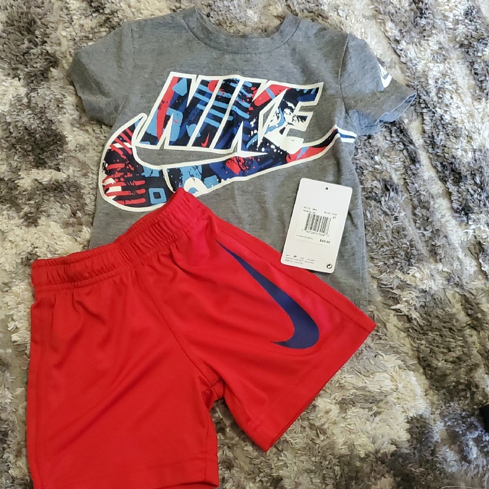 Nike Kids Gray Tee and Red Shorts Set